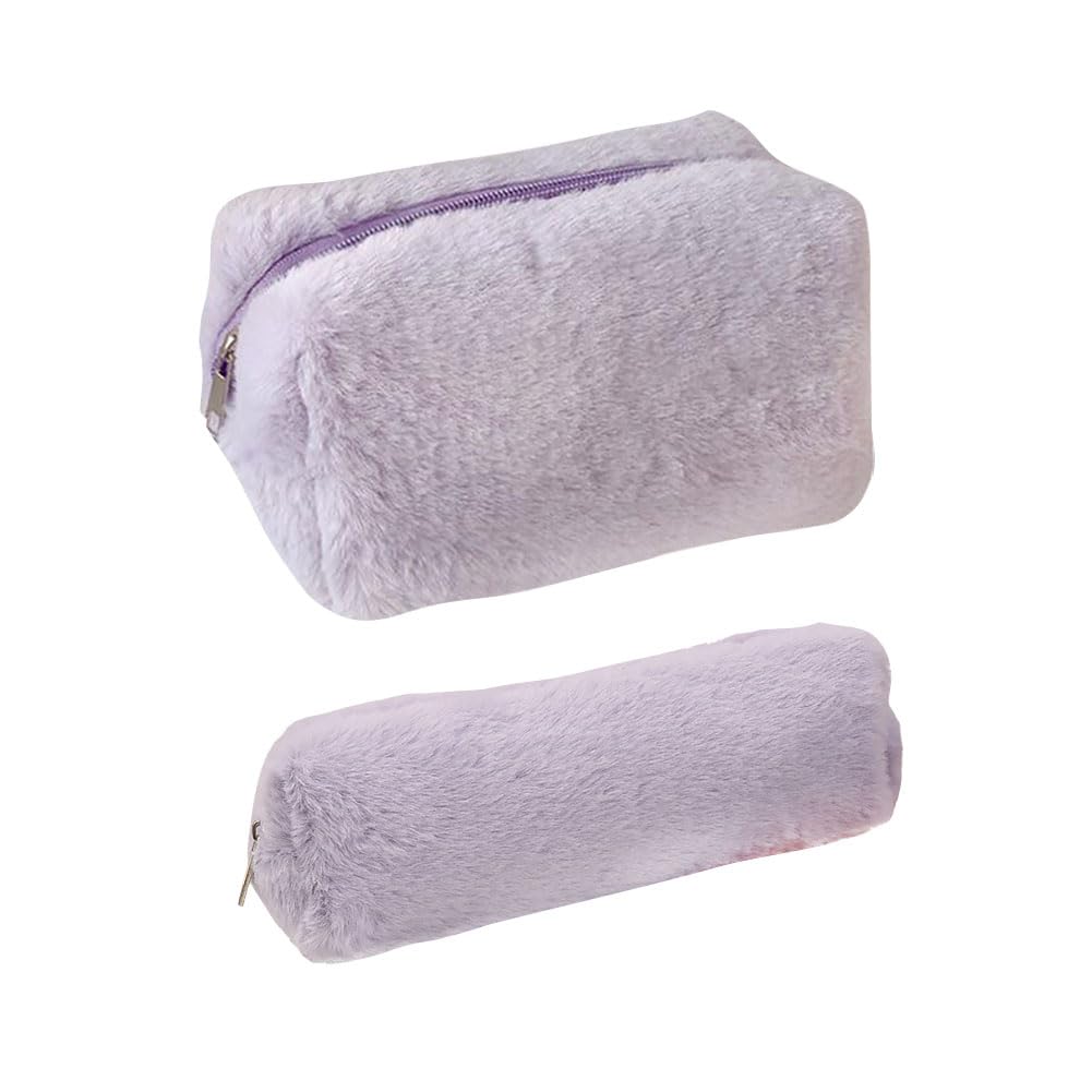 FSSTUD 2 Pcs Plush Makeup Bag Pencil Case Aesthetic Cosmetic Bag Fluffy Fuzzy Pencil Bag Makeup Brushes Storage Zipper Pouches Cute Travel Toiletry Pouch for Students Purple