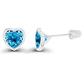 Solid 14K Gold Hypoallergenic 6mm Heart Shaped Birthstone Polished Bezel Screw Back Stud Earrings