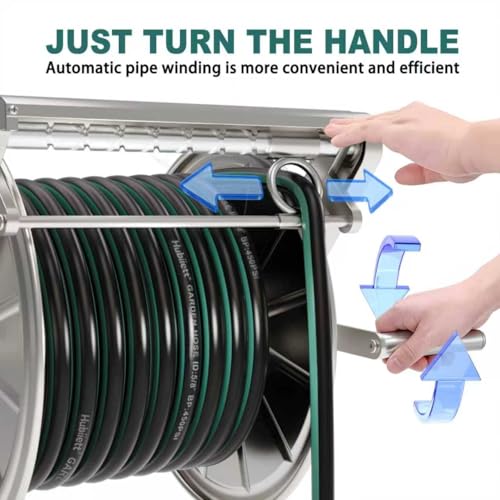 Stainless Steel Garden Hose Reel Heavy Duty, Wall Mount Water Hose Holder, 150 Feet of 5/8 Inch Hoses Capacity, Hose Reels with 5 ft Inlet Hose for Outside, Lawn, Yard, Garage