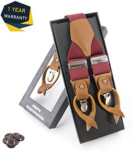 Mens Braces MLM Braces for Men Heavy Duty 3 Clips & 6 Leather Button End Wide 1.4" Y-Back Elastic Durable Suspenders with Thicken Wide Metal Clips (1 Year Warranty)