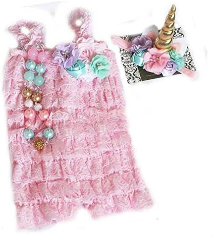 Baby Girl unicorn Costume Lace Romper Set- Baby Birthday Outfit Cake Smash by Pretty Baby Bowtique (0-6months, Unicorn Floral Pink)