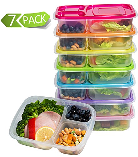 Meal Prep Containers 3-Compartment Lunch Boxes Food Storage Containers with Lids, BPA Free Plastic Bento Box Set of 7,Portion Control Divided Cover,Reusable