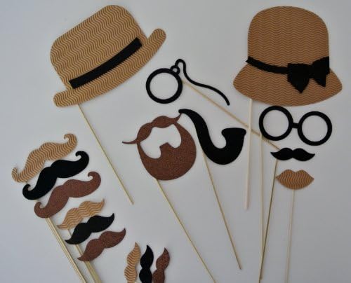 17 PC Photo Booth Party Props Mustache on a Stick Bowler Hat Ladies Hat Mustaches Glasses so Cute Material Glitter Foamy and Corrugated Card Stock