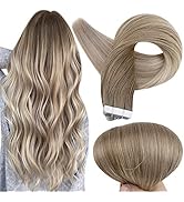Fshine Tape in Human Hair Extensions 18 Inch Remy Hair Extensions Balayage Color 8 Ash Brown Fadi...