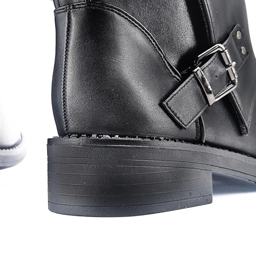 JOMIX Women's Biker Boots with Side Buckles – Faux Leather Ankle Boots with Zip, Casual and Chic