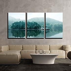 3 Piece Canvas Wall Art - Lake Landscape in Lushan,Blue Sky and The Pavilion Reflected in The Water - Modern Home Art Stretched and Framed Ready to Hang - 16"x24"x3 Panels
