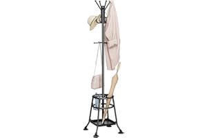 Orekemo Heavy Duty Freestanding Coat Rack with 12 Hooks & Umbrella Holder - White Metal Clothes Hat Sturdy Standing Hall Tree for Entryway, Living Room, Bedroom, Office Organization (Black)