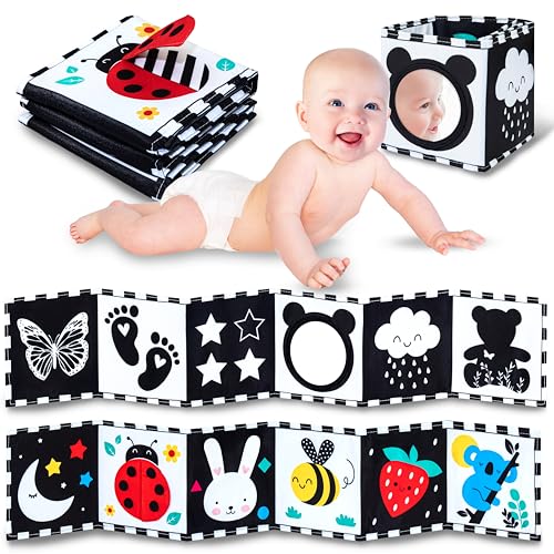 WELLODE Montessori Baby Sensory Book with Teddy Mirror – Black and White Book in Fabric, Montessori – Ultra Soft, Safe and Washable, Ideal for Visual Development and Tummy Time (0-12 Months)