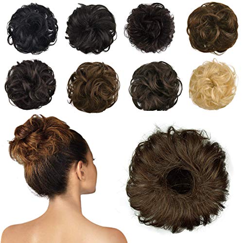 FESHFEN 100% Human Hair Scrunchies (4# Brown) Curly Messy Hair Bun Extensions Wedding Hair Pieces for Women Kids Hair Updo Donut Chignons