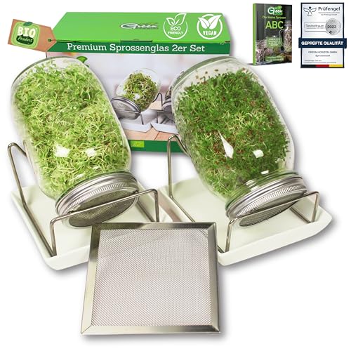 Green SEEDS® [Das Original Sprossenglas 2er Set + KRESSESIEB mit hochwertigem Edelstahl-Gitterdeckel, Ständer, Keramikschale + Sprossen-ABC [Druckvers