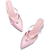 Coutgo Womens Pearl Kitten Heels Mules Closed Pointed Toe Sandals Satin Wedding Party Dress Shoes