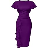 Memoriesea Women's Vintage Church Ruffle Sleeve Ruched Bodycon Work Midi Pencil Dress