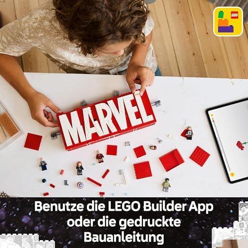 | Marvel: MARVEL Logo & Minifiguren - Sammlerstück inkl. Hulk, Thor, Iron Man, Black Widow und Captain America - Bauset mit Avengers Figuren - Geschenk für Jungen und Mädchen ab 12 Jahren - 76313