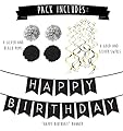 Birthday Party Pack â€“ Black & Silver Happy Birthday Bunting, Poms, and Swirls Pack- Birthday Decorations - 21st - 30th - 40th - 50th Birthday Party Supplies