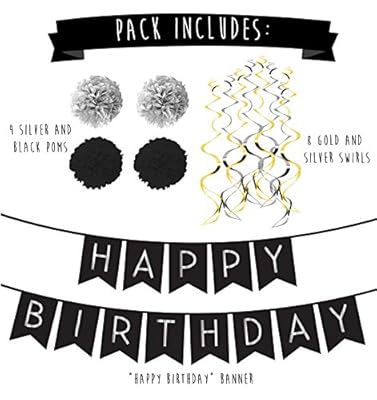 Birthday Party Pack â€“ Black & Silver Happy Birthday Bunting, Poms, and Swirls Pack- Birthday Decorations - 21st - 30th - 40th - 50th Birthday Party Supplies