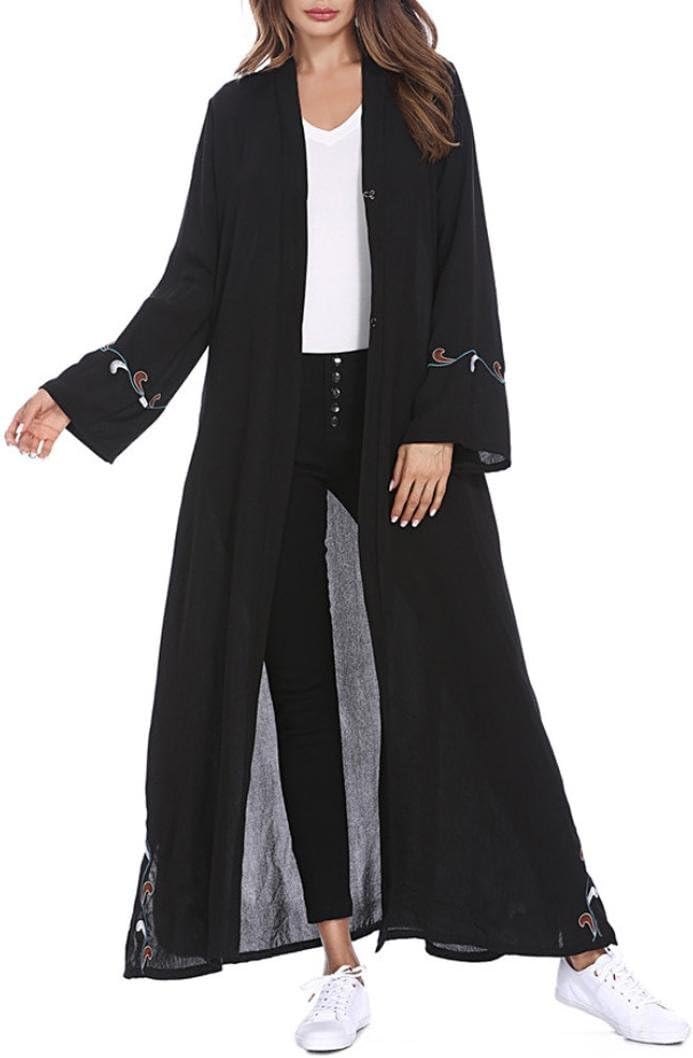 Women Kimono Turn-Down Collar Muslim Lace Trimmed Front Muslim Long Maxi Kaftan Cardigan