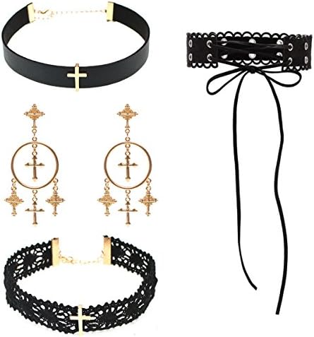 3 pcs Black Christian Cross Choker Necklace Set PU Lace Velvet Choker with Gold Metal Earrings