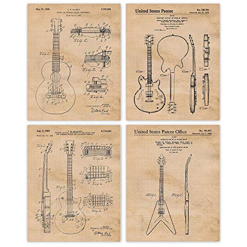 Vintage Gibson Guitar Patent Prints, 4 (8x10) Unframed Photos, Wall Art