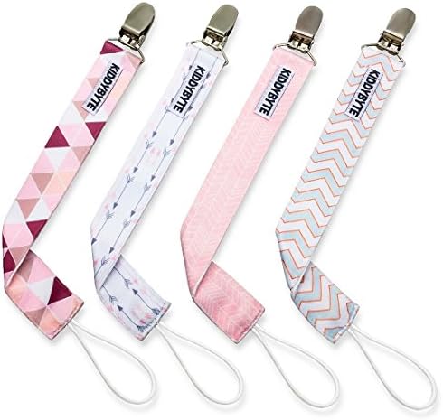 Premium Baby Pacifier Clip for Girl by KiddyByte - 4 Pack Teething Clips Accessory for Babies & Infants - Soft, Wrinkle Free Fabric with Metal End to Holds Binky, Soothie & Toys