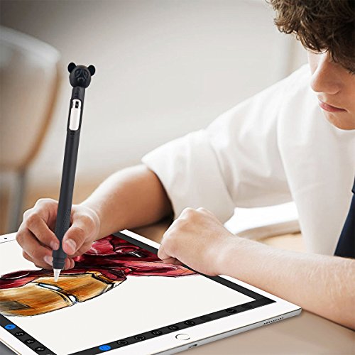 Pencil Case - Pencil Silicone Sleeve Skin Grip Leather Case Zipper Pouch Bag Holder Mini Bear Cover 4 Cartoon Caps Compatible Apple Pencil iPencil Stylus Touch Pen iPad Pro 9.7 iPad Pro 12.9 - Black - Thumbnail 2