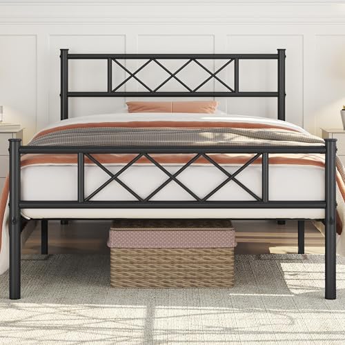 Yaheetech Twin Metal Platform Bed Frame Mattress Foundation with Headboard and Footboard No Box Spring Needed Under Bed Storage Steel Slats Black