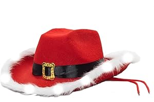 CAYSEP Christmas Feather Cowboy Hat - Women Men Red LED Christmas Cowboy Hat Santa Claus Trimmed Lights Hat