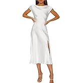 Women's Summer Satin Elegance Backless Twist Cap Sleeves Midi Dress 2025 Sexy Cowl Neck Slit Cocktail Wedding Guest Dresses
