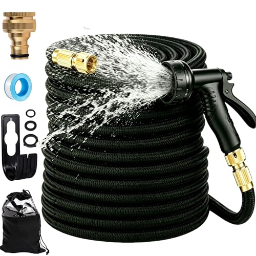 Expandable Garden Hose, Upgraded 3-Layer Natural Latex No-Kink Flexible Water Hose with 10-Pattern Spray Nozzle, Solid Brass Connectors – for Garden Watering, Car Wash, Pet Bathing (100ft)