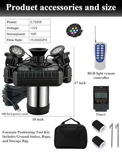 Pond Fountain Aerator with Lights, 1 HP with Dynamic RGB Lighting, Adjustable Modes, Digital Timer, for Large Ponds, Lakes & Outdoor Water Features, 15,000 GPH, 750W 110V, 100FT Cord