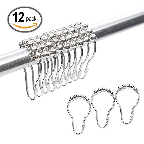 AMS Shower Curtain Hooks Rings - 100% Stainless Steel - Decorative with Polished Metal Frame,Set of 12 Rings (Nickel)