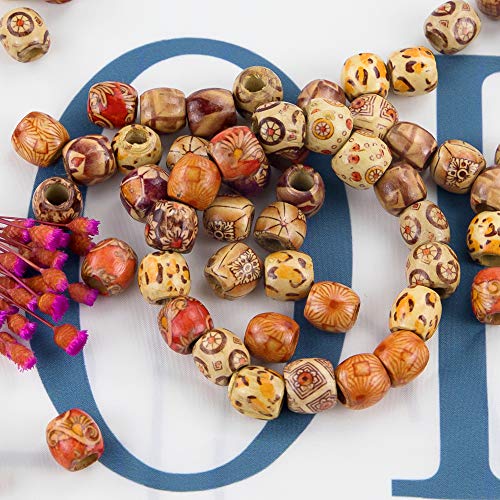 JPSOR 300pcs 12mm Painted Pattern Barrel Beads Wooden Beads Mixed Wood Loose Beads for Jewelry Marking - Thumbnail 5