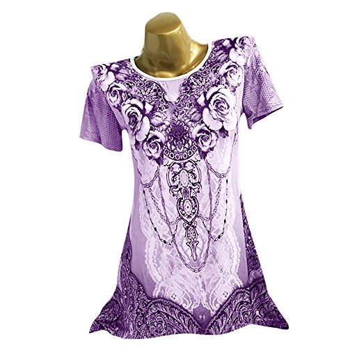 Plus Size Womens Clothing Respctful✿ Casual Short Sleeve T Shirt Boho Floral Print Top Ladies Casual Hem Blouse Purple - Thumbnail 4