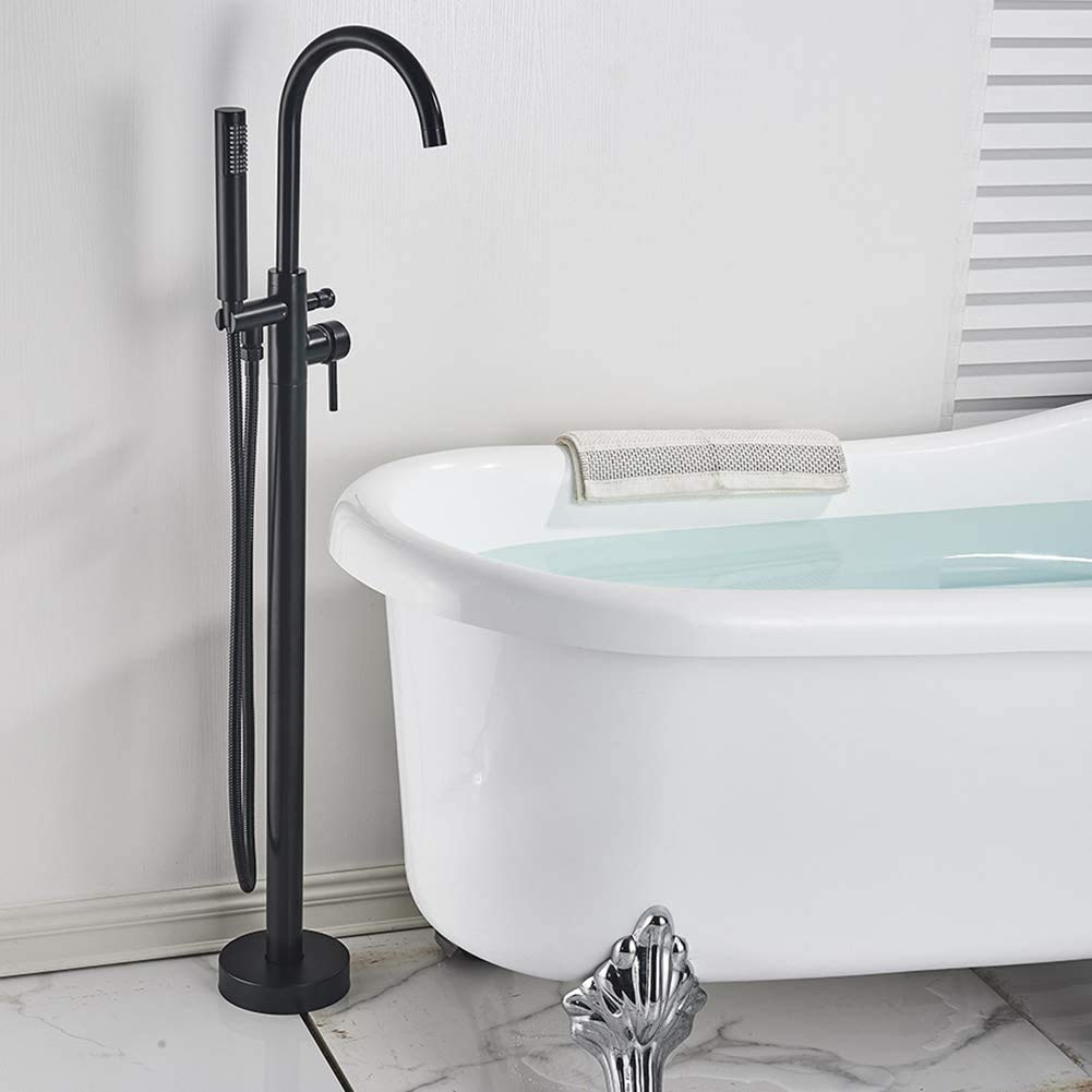 Votamuta Modern Matte Black Bathtub Shower Faucets Single Lever Tub Filler Faucet with Handheld Spray Freestanding Bathroom Tub Faucet Floor Mounted