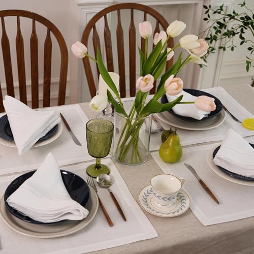 Simple&Opulence 100% Linen Dinner Napkins, Hemstitched Decorative 18x18 Inch(45x45cm) White French Flax Cloth, Pack of 4 Reusable Napkins,Stone Washed with Handcrafted Mitered Corners