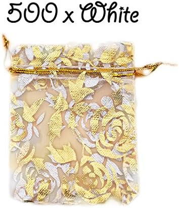 The Cufflink Shop 500 x White Drawstring Roses Design Organza Gift Bags Wedding Pouches Favour Bags Jewellery Pouch 9 x 12 cm