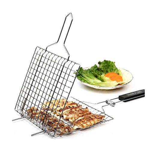 TOPCHANCES Outdoor BBQ Barbecue Grill Basket Barbecue Rack Non-stick Stainless Steel Mesh Baskets Clamp BBQ Tool Grill With Wood Handle For Christmas Party Accessories (1PCS)
