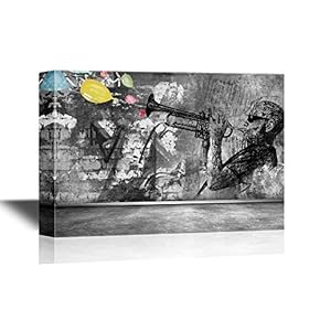 Canvas Wall Art - Drawing of a Jazz Trumpet Player on Grunge Wall Background - Gallery Wrap Modern Home Art | Ready to Hang - 12x18 inches
