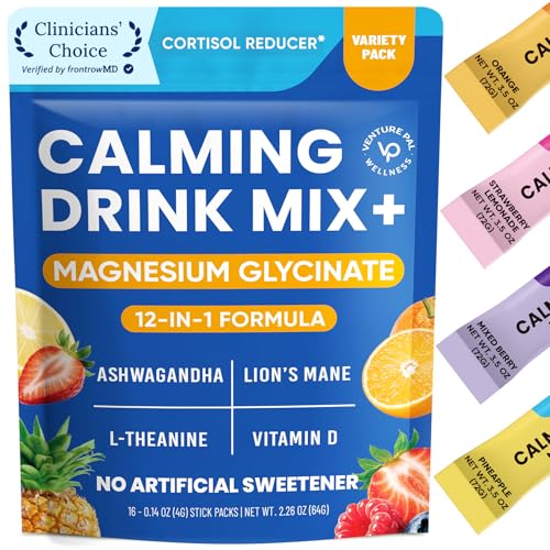 Venture Pal Calm Drink Mix, 12-in-1 Cortisol Reducer and Sleep Aid with Magnesium Glycinate, Ashwagandha, L-Theanine,Vitamin D, Calm Magnesium Powder for Relax & Focus, No Sugar, Non GMO