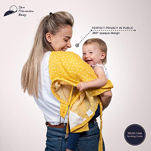 Cotton Muslin Nursing Cover - Large Breastfeeding Cover with Built-in Burp Cloth & Pocket - Soft, Breathable, Chemical-Free, 360° Coverage, Multiuse Nursing Cover by San Francisco Baby - Yellow