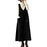 chouyatou Women's V-Neck Corduroy Overall Dress Jumper A-Line Midi Long Tank Pinafore Dress with Pockets