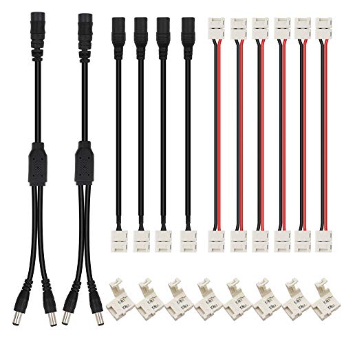 HitLights LED Strip Connector 2Pin 8mm LED Connector Kit Include Solderless Gapless Connector, 6Inch Jumper Connector, DC Female and Connector, DC Jack Splitter for 3528 5050 LED Strip