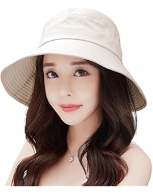 Womens UPF50+ Linen/Cotton Summer Sunhat Bucket Packable Hats w/ Chin Cord