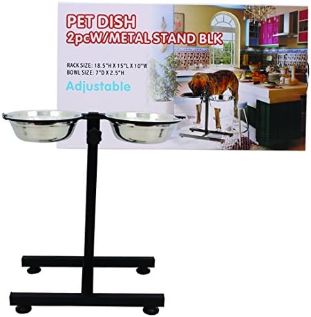 Elevated Dog Pet Feeder with Adjustable Double Bowl Dish Metal Stand - Two Bowls Included