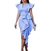 ONTINVA Women's Flutter Sleeve V-Neck Ruffle Hem Sleeveless Party Short Dress Irregular High Split Dresses