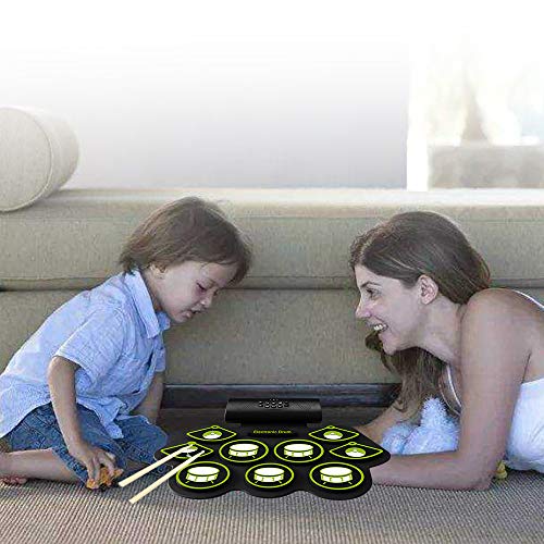 Electronic Drum Set - 9 MIDI Drum Practice Pads, Portable Roll Up Electric Drum kit with Headphone Jack, Built in Speaker and Battery, Drum Stick, Foot Pedals for Kids or Beginner