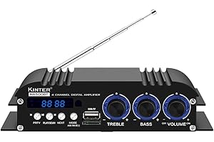 Kinter MA500BT 120 Watt 4 Channel Stereo Class D Bluetooth FM USB SD Digital Hi-Fi Audio Mini Amplifier Home Auto DIY Stereo Amplifier with Remote and 20V 5A Power Supply Black