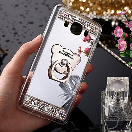 Silicone Case for Samsung Galaxy J5 2015,Samsung Galaxy J5 2015 Mirror Case,Samsung Galaxy J5 2015 Soft Gel TPU Silicone Cover,EUWLY Ultra Thin Bling Glitter Sparkle Silicone Gel TPU Case Cover with Mirror Back and Ring Holder Shock Resistant Anti Slip Scratch Resistant Flexible Silicone Back Soft Smart Phone Sleeve Protective Cover for Samsung Galaxy J5 2015 + 1 x Blue Stylus Pen,Silver