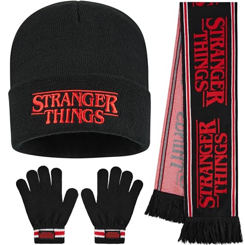 Stranger Things 3 Pc Scarf Beanie Gloves Set for Boys, Teens, Soft Knit Matching Winter Accessories for Kids, Gifts for Boys