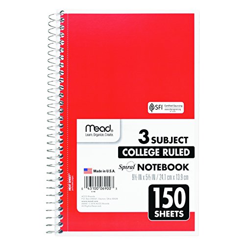 Mead Spiral Notebook, 3 Subject, College Ruled Paper, 150 Sheets, 91/2