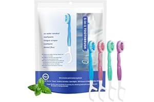 JOUGE Mini Disposable Toothbrushes with Toothpaste 26 pcs 5 in 1 Travel Portable Toothbrush with Toothpaste + Tongue Scraper + Picks+Floss Travel Case (Mix 5 Flavors, 26)
